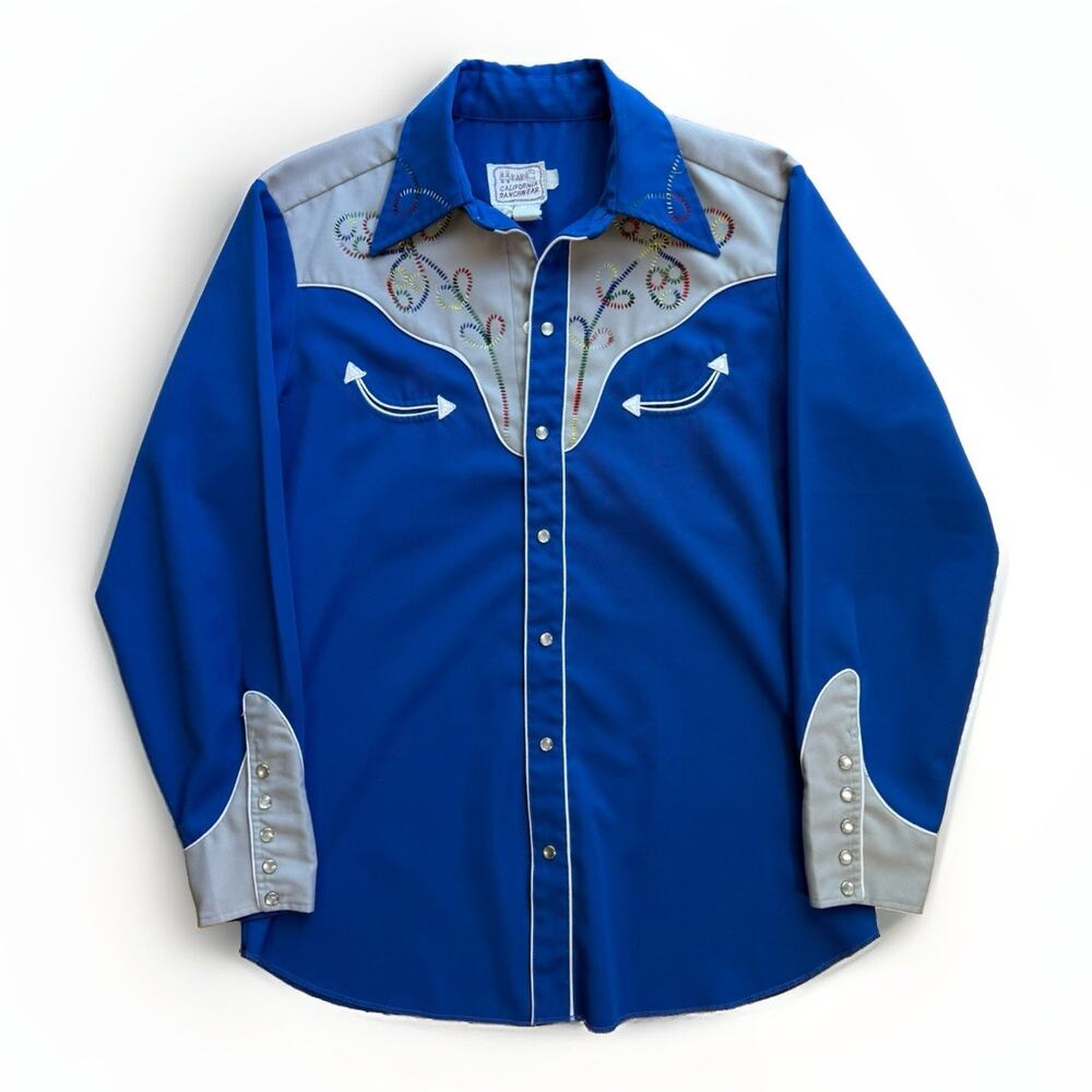 Vintage H Bar C Pearl Snap Shirt Large Blue 80s Western Cowboy 60s Long Sleeve